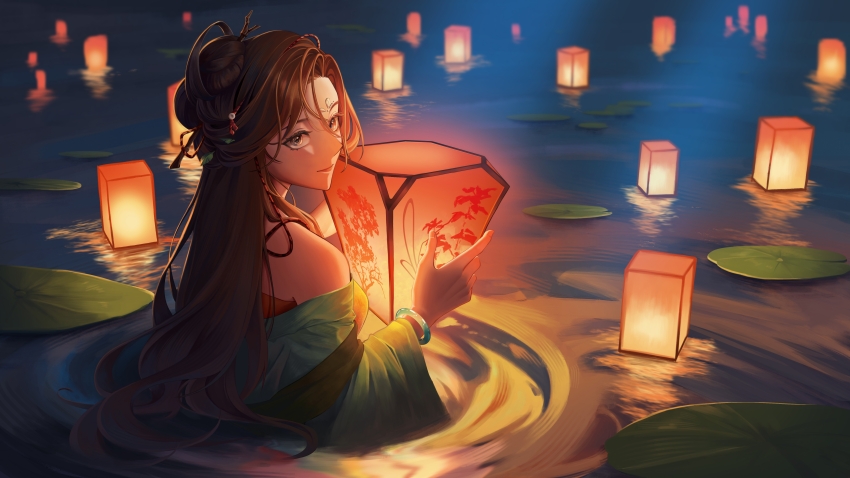 1girl absurdres bare_shoulders black_eyes black_hair blurry blurry_background bracelet chinese_clothes facial_mark forehead_mark from_side green_sleeves hanfu highres holding holding_lantern huadian jewelry jiu_niangzi lantern lantern_on_liquid lily_pad long_hair looking_at_viewer night off_shoulder paper_lantern partially_submerged reverse:1999 ripples siyue-april solo upper_body