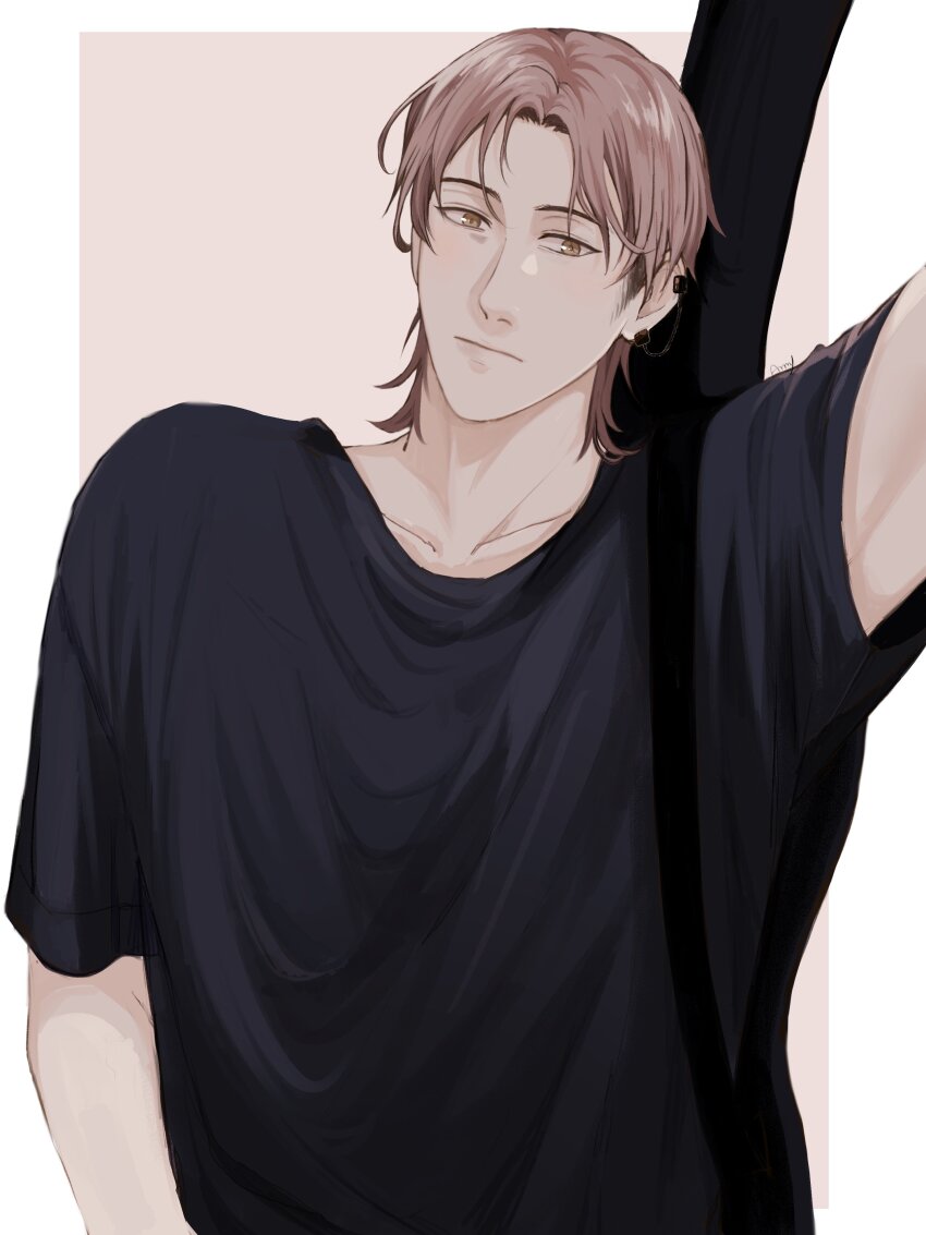 1boy absurdres black_shirt brown_eyes brown_hair casual collarbone crew_neck curtained_hair ear_chain ear_piercing earrings guitar_case highres instrument_case jean_kirstein jewelry kamyp_ammy looking_to_the_side male_focus outstretched_arm piercing shingeki_no_kyojin shirt short_sleeves sideburns sideways_glance solo t-shirt upper_body
