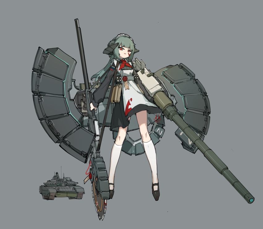 1girl absurdres apron blood blood_on_clothes cannon circular_saw frider green_hair highres maid maid_apron maid_headdress mecha_musume military_vehicle motor_vehicle personification purity_seal reactive_armor red_eyes russian_flag russian_ground_forces saw smoke_grenade_launcher socks solo t-80 tachi-e tank war_thunder white_socks z_(russian_symbol)