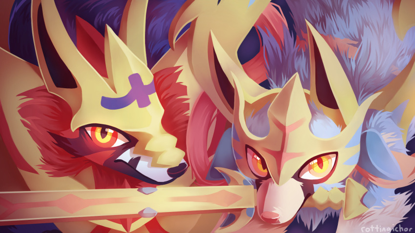animal_focus armor artist_name commentary english_commentary gen_8_pokemon highres legendary_pokemon mane mouth_hold multicolored_eyes nintendo no_humans pink_eyes pokemon pokemon_(creature) red_eyes rottingichor shield sword two-tone_eyes weapon wolf yellow_eyes zacian zamazenta