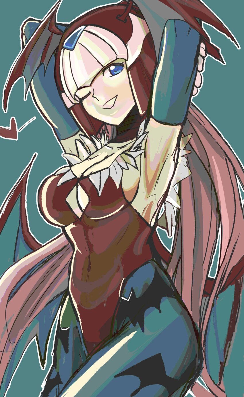 1girl absurdres armpits blue_background blue_eyes blue_pantyhose breasts capcom cleavage collarbone cosplay cowboy_shot darkstalkers demon_girl demon_wings fairy_leviathan_(mega_man) forehead_jewel head_wings helmet highres leotard lilith_(darkstalkers) lilith_(darkstalkers)_(cosplay) long_hair low_wings medium_breasts mega_man_(series) mega_man_zero_(series) multiple_wings one_eye_closed pantyhose parted_lips pink_hair print_pantyhose raica_(khongbautroi) red_helmet red_leotard simple_background smile solo wings