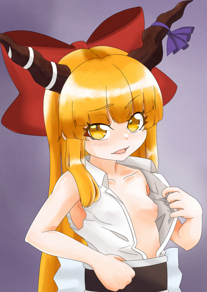 1girl blonde_hair blunt_bangs blush bow breasts brown_horns flashing hair_bow highres horn_bow horn_ornament horns ibuki_suika kurohiba long_hair looking_at_viewer nipples no_bra open_clothes open_mouth open_shirt purple_background purple_bow red_bow shirt sidelocks sleeveless sleeveless_shirt small_breasts smile solo touhou upper_body white_shirt yellow_eyes