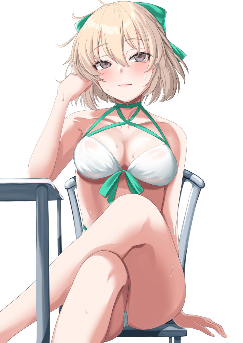 1girl absurdres ahoge aqua_bow bare_shoulders bikini blonde_hair bow breasts cleavage collarbone crossed_legs fate/grand_order fate_(series) grey_eyes hair_bow half_updo highleg highleg_bikini highres large_breasts looking_at_viewer nigori_(keydoor) okita_j._souji_(fate) okita_j._souji_(third_ascension)_(fate) okita_souji_(fate) short_hair sitting solo swimsuit thighs white_bikini