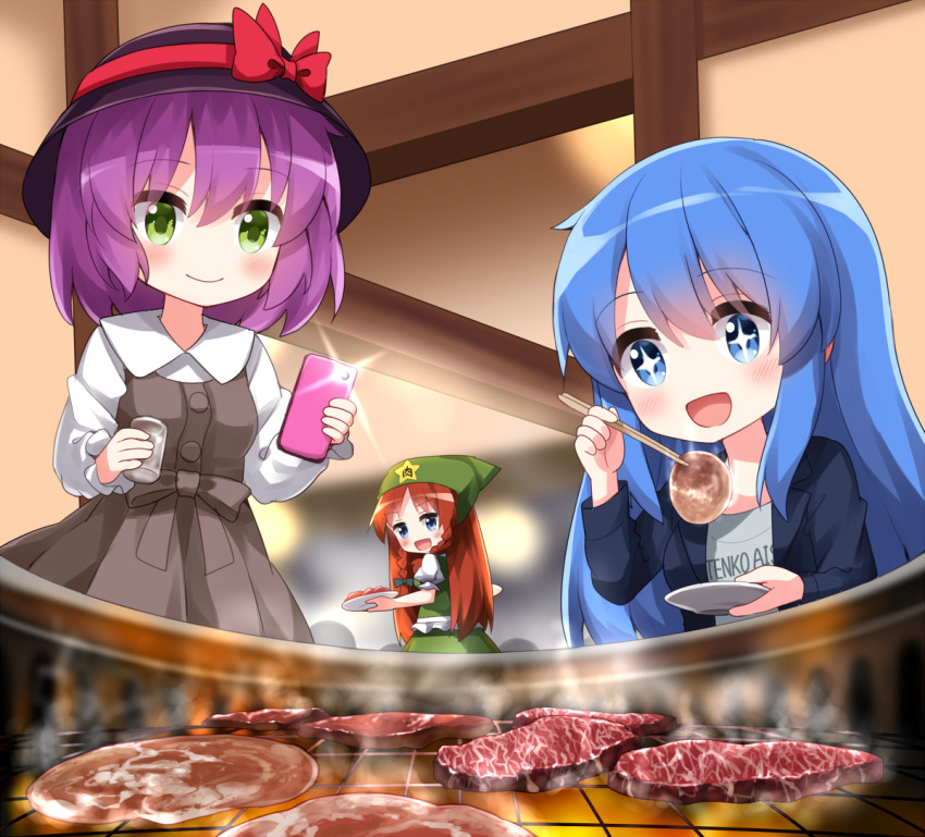 +_+ 3girls :d black_hat blue_eyes blue_hair blush bow braid brown_dress chopsticks collared_shirt commentary_request cup dress food green_bow green_eyes green_hat green_skirt green_vest grill hair_bow hat hat_bow hat_ornament hinanawi_tenshi holding holding_chopsticks holding_cup holding_phone holding_plate hong_meiling long_hair long_sleeves meat multiple_girls nagae_iku open_mouth phone plate puffy_short_sleeves puffy_sleeves purple_hair red_bow red_hair ruu_(tksymkw) shirt short_hair short_sleeves sidelocks skirt skirt_set smile star_(symbol) star_hat_ornament steam taking_picture touhou twin_braids vest white_shirt
