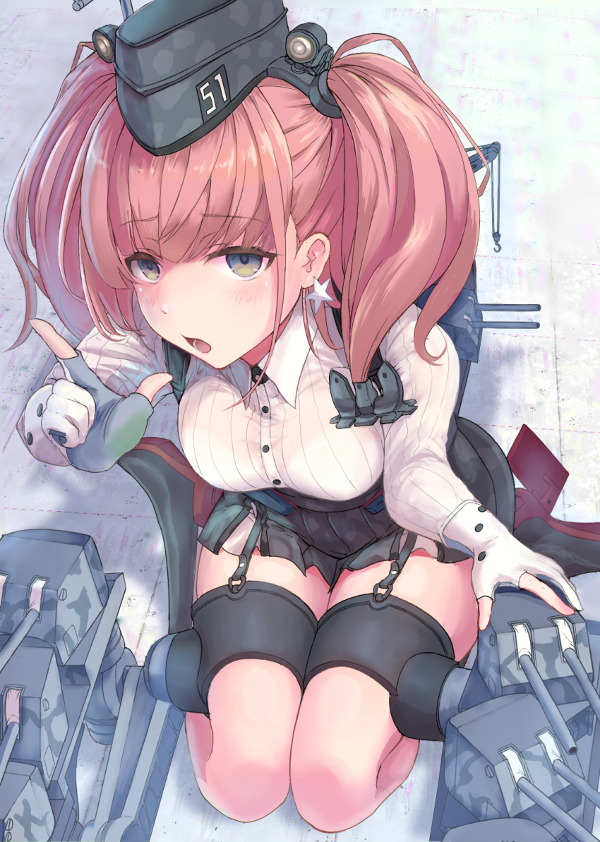 1girl atlanta_(kancolle) black_hat black_skirt breasts brown_hair dress_shirt earrings em_s garrison_cap gloves grey_eyes hair_ornament hat highres jewelry kantai_collection large_breasts long_hair long_sleeves machinery ship_turret shirt single_earring skirt solo star_(symbol) star_earrings suspender_skirt suspenders two_side_up white_shirt