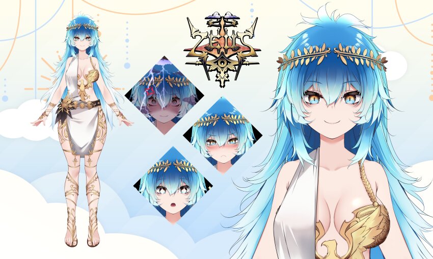 1girl absurdres belt blue_eyes blue_hair breasts reference_sheet dress gold_footwear gold_headwear highres kana616 large_breasts laurel_crown multiple_views mythos_(vtuber) virtual_youtuber white_dress zeus_(vtuber)