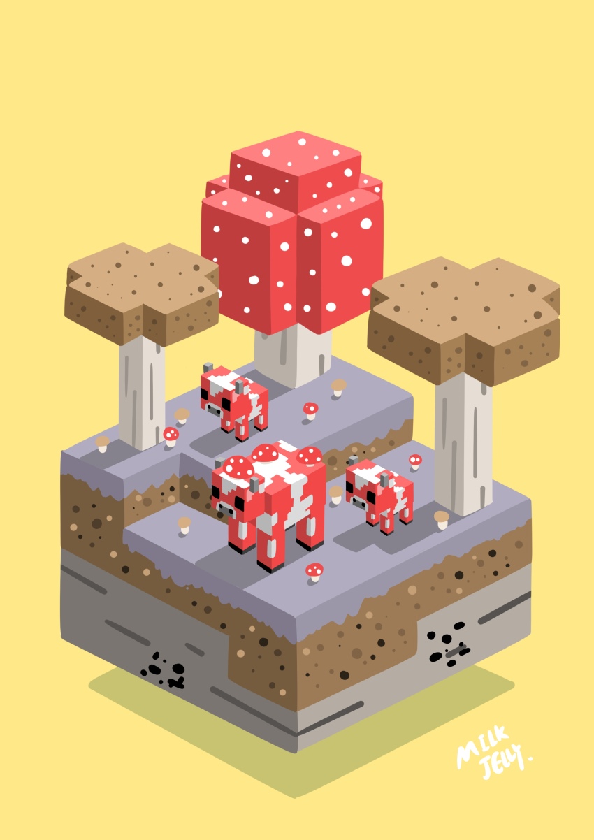 absurdres animal animal_focus block_(minecraft) block_(object) calf_(animal) chinese_commentary commentary_request cow creature creature_focus highres horns isometric low_poly milk_jelly_(milkjellyrex) minecraft minecraft_(style) mooshroom mushroom no_humans no_lineart official_style outdoors shadow signature simple_background yellow_background