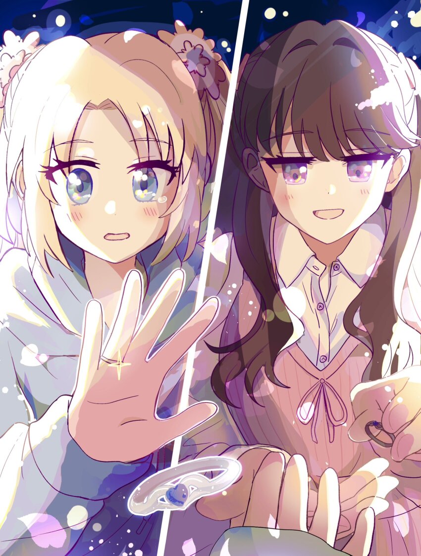 2girls :d blonde_hair blue_eyes blue_hoodie blush brown_hair clothing_cutout collared_shirt commentary curtained_hair dress dress_shirt flower fujishima_megumi fujishima_megumi_(winter_loungewear) giving hair_flower hair_intakes hair_ornament heart_ring highres hood hoodie jewelry jitome link!_like!_love_live! long_hair long_sleeves love_live! mira-cra_park! multiple_girls open_collar open_mouth ornate_ring osawa_rurino osawa_rurino_(winter_loungewear) pinafore_dress pink_dress pink_flower purple_eyes revision ring shirt shoulder_cutout silver_ring single_tear sleeveless sleeveless_dress smile sparkle twintails two_side_up virtual_youtuber watage_modoki wedding_ring white_shirt yuri