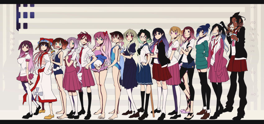 6+girls barefoot bird black_hair blonde_hair blue_eyes blue_skirt breasts brown_hair choe_myeong_hwa chopsticks coat dark-skinned_female dark_skin denim denim_shorts eating etopen from_side fur_trim glasses green_hair groceries hao_huiyu haramura_nodoka height_chart heterochromia highres himori_chikako hood hooded_jacket iwadate_yuan jacket kataoka_yuuki kneehighs large_breasts letterboxed long_hair long_skirt looking_at_viewer maya_yukiko megan_davin miyanaga_saki motouchi_naruka multiple_girls necktie nelly_virsaladze one-piece_swimsuit pantyhose penguin pink_hair pleated_skirt ponytail puffy_short_sleeves puffy_sleeves purple_hair red_eyes red_hair red_skirt saki_(manga) school_uniform serafuku shinohayu_the_dawn_of_age shirt shishihara_sawaya short_hair short_sleeves shorts skirt socks someya_mako standing swimsuit takei_hisa tsujigaito_satoha twintails white_shirt winter_clothes winter_coat yaku_yojino