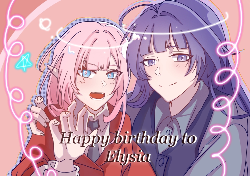 2girls alternate_costume blue_bow blue_bowtie blue_eyes bow bowtie breasts chinese_commentary coat commentary_request elf elysia_(honkai_impact) english_text happy_birthday highres honkai_(series) honkai_impact_3rd long_hair multiple_girls open_mouth pink_background pink_hair pointy_ears purple_eyes purple_hair purple_shirt raiden_mei red_coat shirt small_breasts upper_body very_long_hair white_shirt yangsheng_zhou