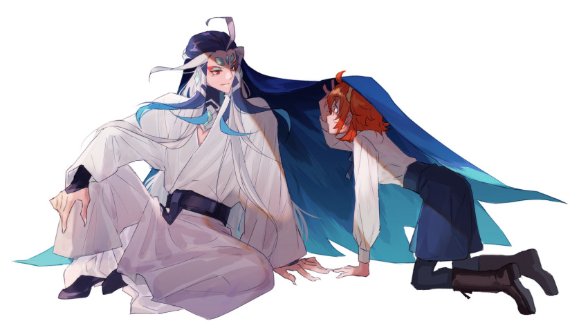 1boy 1girl ahoge all_fours alternate_costume arm_support belt black_belt blue_hair blue_skirt boots brown_boots casual chinese_clothes closed_mouth commentary_request eyeshadow fate/grand_order fate_(series) fingernails fujimaru_ritsuka_(female) fujimaru_ritsuka_(female)_(anniversary_blonde) full_body green_eyeshadow hair_ornament hair_scrunchie hair_slicked_back hand_on_own_leg iteya_yuu knee_up long_fingernails long_hair long_sleeves looking_at_another makeup multicolored_hair official_alternate_costume orange_hair pantyhose partial_commentary red_eyes red_eyeshadow robe scrunchie shi_huang_di_(fate) shirt shirt_tucked_in sidelocks simple_background sitting skirt smile streaked_hair very_long_hair white_background white_hair white_robe white_shirt yellow_scrunchie