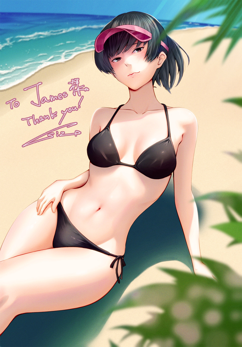1girl amagami arm_support beach bikini black_bikini black_eyes black_hair breasts closed_mouth collarbone commentary_request commission commissioner_name day hand_on_own_thigh highres horizon lips looking_at_viewer medium_breasts navel ocean oshizu outdoors ponytail sand shore short_hair side-tie_bikini_bottom signature sitting skeb_commission sky solo string_bikini swimsuit thank_you thighs tsukahara_hibiki visor_cap