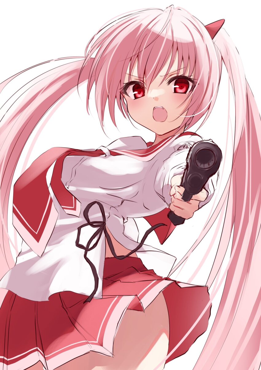 1girl angry blush commentary_request cowboy_shot eyelashes eyes_visible_through_hair fang gun hair_between_eyes hidan_no_aria highres holding holding_gun holding_weapon kanzaki_h._aria long_hair necktie open_mouth pamu_(pamu53621378) pink_hair pleated_skirt pointing pointing_at_viewer red_eyes red_necktie red_sailor_collar red_skirt sailor_collar school_uniform serafuku shirt simple_background skirt solo straight_hair swimsuit teeth tsurime twintails upper_teeth_only v-shaped_eyebrows very_long_hair weapon white_background white_shirt
