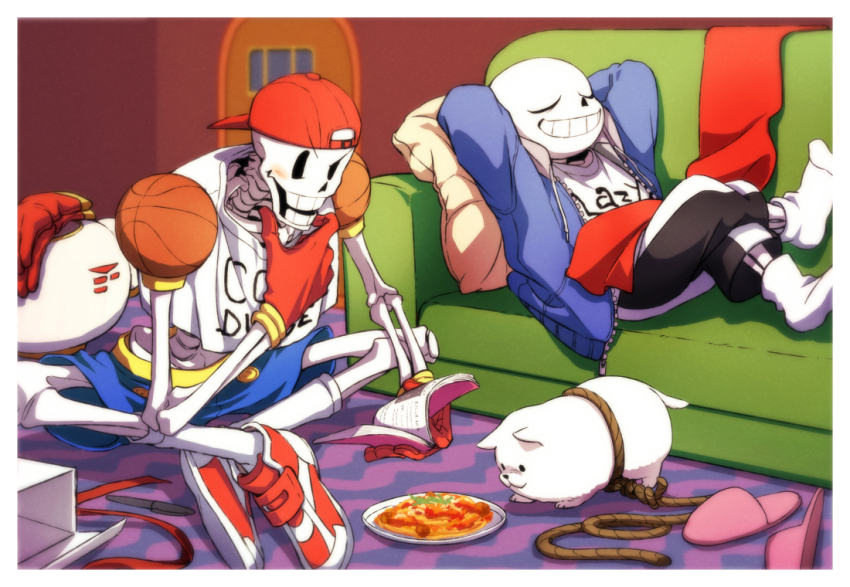 2boys ahin_vpv annoying_dog blue_jacket brothers closed_eyes couch grin hat holding holding_magazine hood jacket magazine_(object) male_focus multiple_boys papyrus_(undertale) red_hat rope sans_(undertale) siblings sitting skeleton smile teeth undertale