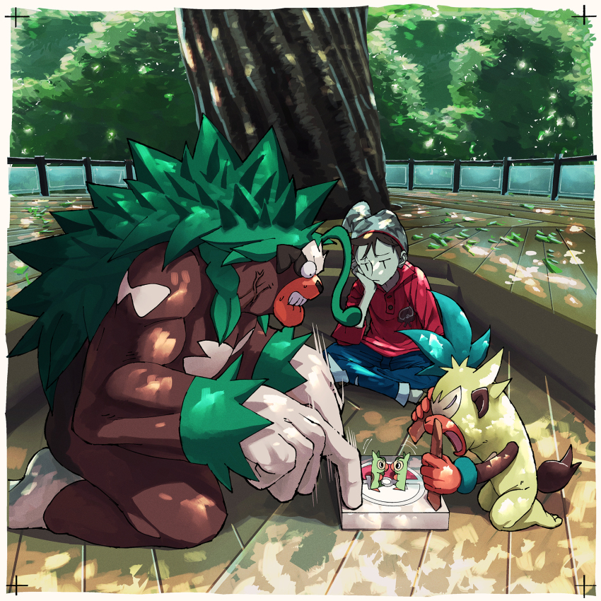 1boy beanie biting_own_lip black_eyes border brown_hair clenched_teeth collared_shirt commentary_request day fence gen_8_pokemon grey_hat hat head_rest highres holding how_long kneeling male_focus nintendo outdoors pants playing_games pokemon pokemon_(creature) pokemon_swsh red_shirt rillaboom shirt short_hair sitting teeth thwackey tree victor_(pokemon) white_border
