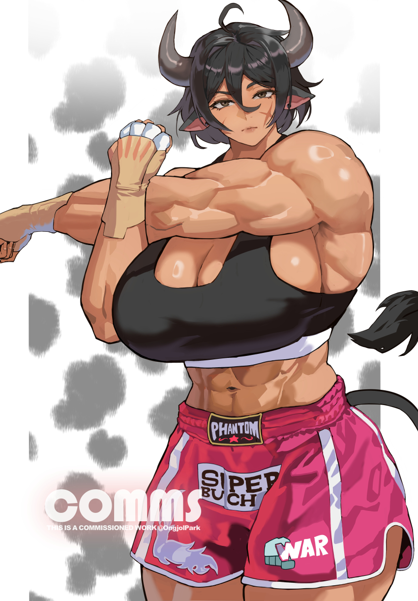 abs absurdres animal_ears black_hair boxing_shorts breasts commentary commission cow_ears cow_horns cow_tail ear_piercing english_commentary facial_scar highres horns huge_breasts muscular muscular_female original park_ongjol piercing pillarboxed scar scar_on_cheek scar_on_face short_hair shorts tail