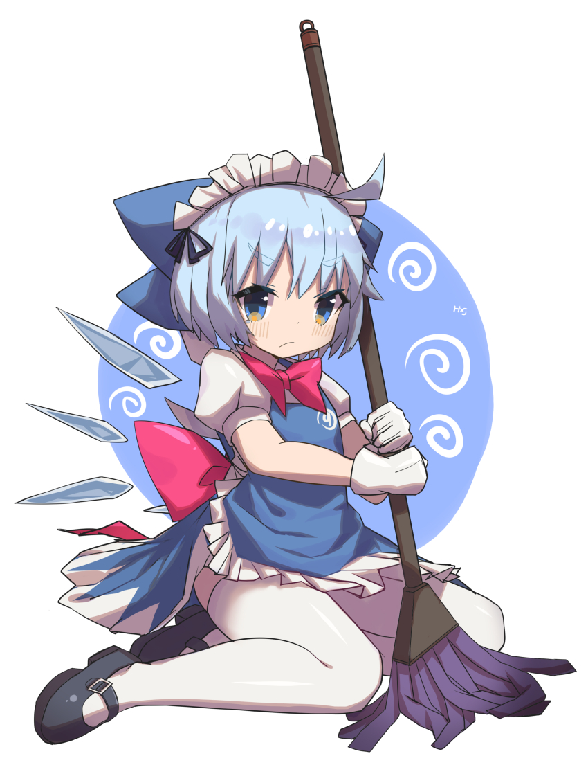 1girl absurdres alternate_costume apron black_shoes blue_apron blue_eyes blue_hair blue_ribbon blue_skirt bow bowtie cirno closed_mouth commentary enmaided frilled_apron frills hair_ribbon highres holding holding_mop hxj_(2324184595) ice ice_wings maid maid_apron maid_headdress mary_janes mop pink_bow pink_bowtie pink_ribbon puffy_short_sleeves puffy_sleeves ribbon shirt shoes short_hair short_sleeves sitting skirt smile solo thighs touhou white_shirt wings