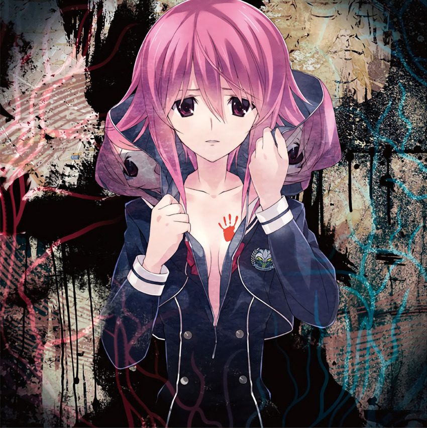 1girl black_coat black_dress black_jacket bow breasts buttons chaos;child cleavage coat collarbone cover cropped_jacket double-breasted dress hair_between_eyes hekiho_academy hekiho_academy_school_uniform highres jacket lips long_sleeves looking_at_viewer naked_coat official_art onoe_serika open_mouth parted_lips partially_unzipped pink_eyes pink_hair pink_lips purple_eyes ribbon sasaki_mutsumi school_uniform short_hair short_hair_with_long_locks sidelocks small_breasts solo standing unzipped unzipping upper_body