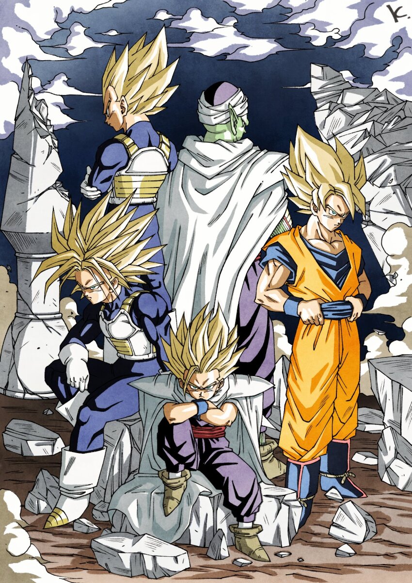 5boys blonde_hair blue_bodysuit blue_shirt bodysuit cape colored_skin dougi dragon_ball dragonball_z father_and_son green_eyes green_skin group_picture highres kakeru_(dbskakeru) male_focus medium_hair multiple_boys orange_pants orange_shirt pants piccolo pointy_ears purple_pants purple_shirt shirt sitting son_gohan son_goku spiked_hair standing super_saiyan super_saiyan_1 trunks_(dragon_ball) trunks_(future)_(dragon_ball) vegeta white_cape