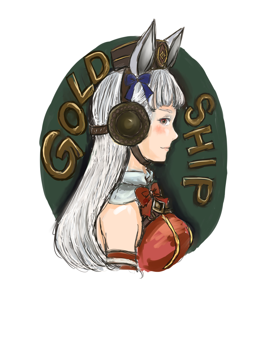 1girl 33ki71 absurdres animal_ears bow bowtie breasts character_name closed_mouth collared_dress dress ear_bow earmuffs from_side gold_ship_(umamusume) grey_hair highres horse_ears horse_girl long_hair looking_at_viewer medium_breasts purple_bow red_bow red_bowtie red_dress red_eyes simple_background sleeveless sleeveless_dress smoke solo umamusume very_long_hair white_background
