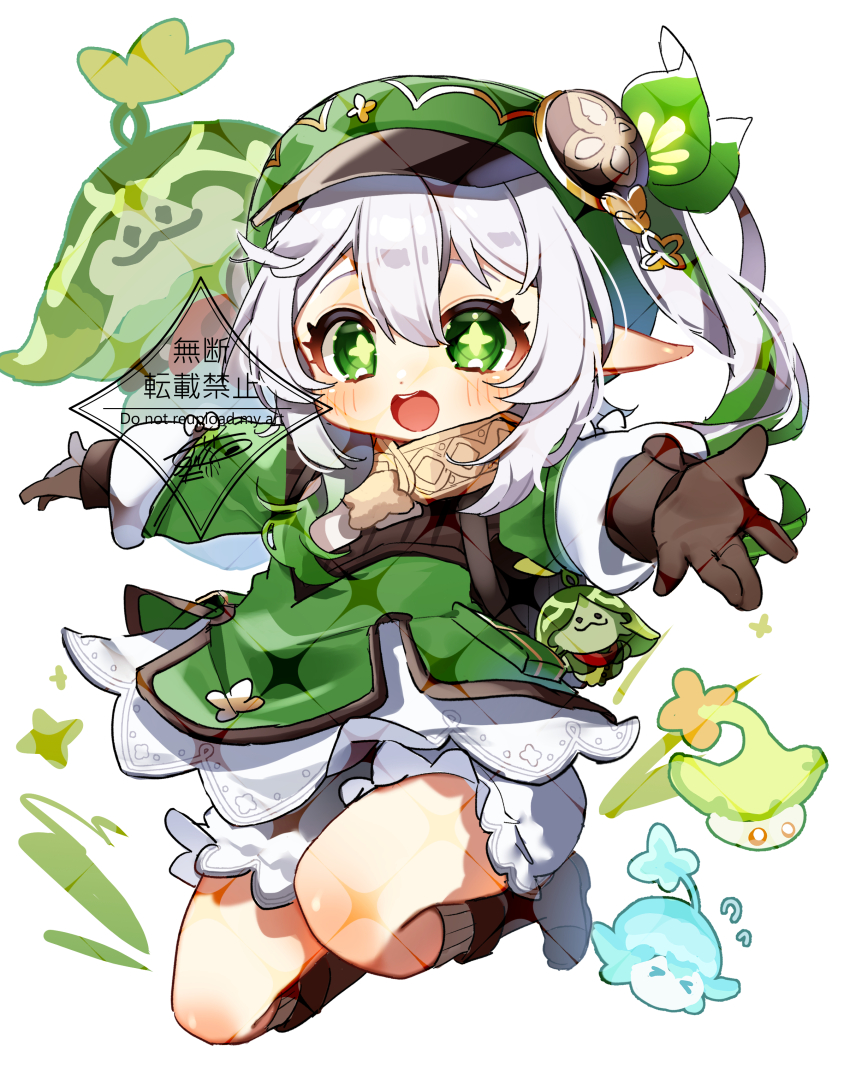 1girl :o absurdres adapted_costume black_gloves black_socks bloomers blush cabbie_hat commentary_request cosplay dress fungi_(genshin_impact) genshin_impact gloves gradient_hair green_dress green_hair green_hat hair_between_eyes hat highres klee_(genshin_impact) klee_(genshin_impact)_(cosplay) layered_dress long_hair looking_at_viewer meda_cha multicolored_hair nahida_(genshin_impact) open_mouth outstretched_arms pointy_ears side_ponytail signature socks solo star-shaped_pupils star_(symbol) symbol-shaped_pupils underwear white_background white_bloomers white_dress white_hair