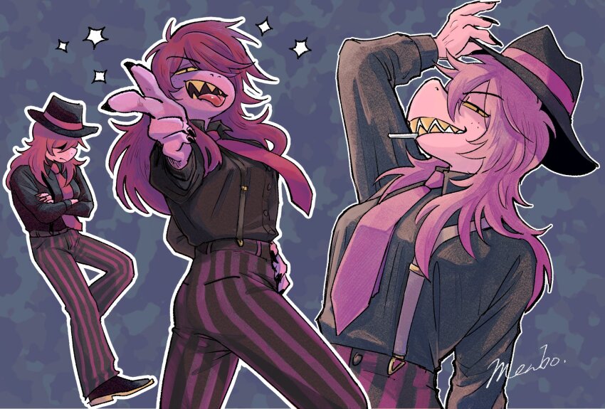 1girl alternate_costume black_hat black_nails black_pants black_shirt blue_background chalk colored_sclera colored_skin crossed_arms deltarune fedora finger_gun freckles furry furry_female hair_over_one_eye hand_on_headwear hat highres long_hair looking_at_viewer menboycho mouth_hold multiple_views necktie open_mouth outline pants pink_hair pink_necktie pink_skin sharp_teeth shirt signature sparkle standing striped_clothes striped_pants susie_(deltarune) suspenders teeth tongue tongue_out white_outline yellow_sclera