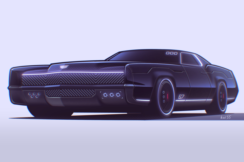 artist_name black_car cadillac cadillac_eldorado car cyberpunk gradient_background grey_background kai55 motor_vehicle neon_lights no_humans original science_fiction shadow vehicle_focus