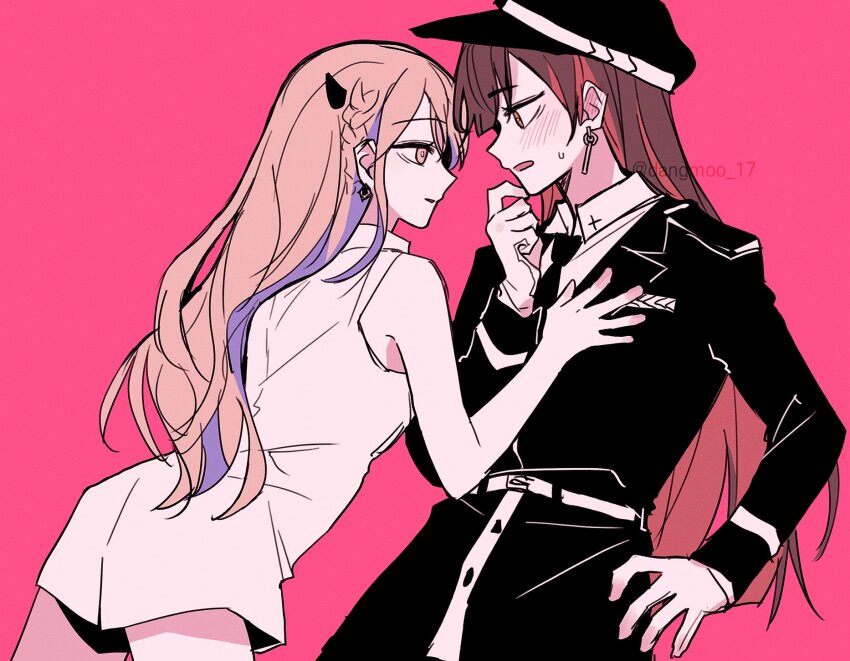 2girls azusawa_kohane bare_arms black_hat black_jacket black_necktie blush braid brown_hair collared_shirt commentary_request dangmoo_17 dress ear_blush hand_on_another&#039;s_chest hat highres horns jacket korean_commentary long_hair long_sleeves multicolored_hair multiple_girls necktie parted_lips pink_background pink_eyes pink_hair project_sekai purple_hair red_hair shiraishi_an shirt short_dress side_braid simple_background sleeveless sleeveless_dress streaked_hair twitter_username white_dress white_shirt yuri