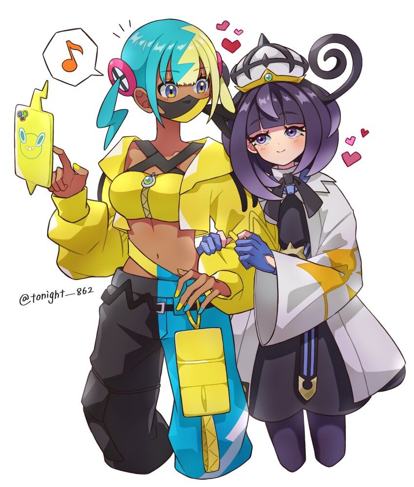 2girls aqua_hair bandeau black_hair black_mask black_pants blonde_hair blue_eyes blue_gloves blue_pants canari_(pokemon) closed_mouth commentary_request dark-skinned_female dark_skin gen_4_pokemon gloves gwynn_(pokemon) hat heart highres jacket looking_at_another midriff multicolored_hair multiple_girls musical_note nail_polish navel nintendo pants partially_fingerless_gloves pokemon pokemon_legends:_z-a purple_eyes purple_hair rain_(tonight_862) rotom rotom_phone simple_background smile spoken_musical_note twitter_username two-tone_mask two-tone_pants white_background white_hat white_jacket yellow_bandeau yellow_jacket yellow_mask yuri