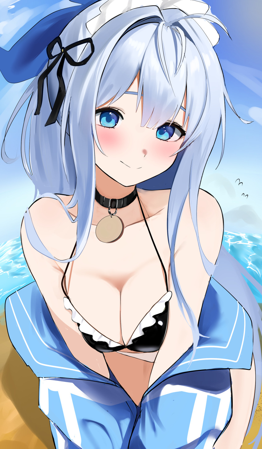 1girl absurdres ahoge anchor_(innocent_maid)_(nikke) anchor_(nikke) bare_shoulders bikini black_bikini black_choker blue_eyes blue_hair blue_jacket blush breasts choker cleavage goddess_of_victory:_nikke hat highres jacket jacket_partially_removed kopepan_(kopepann11) looking_at_viewer medium_breasts multicolored_bikini outdoors smile solo swimsuit two-tone_bikini