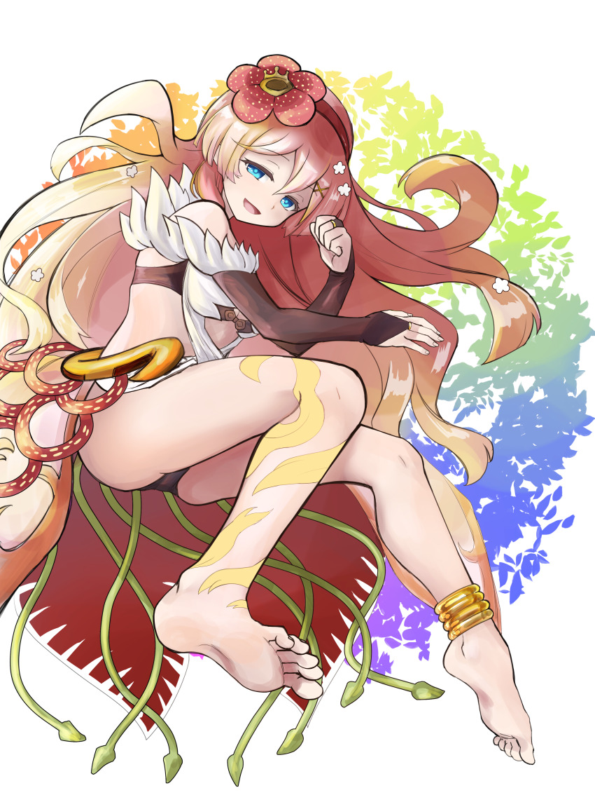 1girl absurdres bare_shoulders barefoot blue_eyes breasts bridal_gauntlets duel_monster feet flower hair_flower hair_ornament highres long_hair looking_at_viewer medium_breasts open_mouth pink_hair pointy_ears rafflesia_(flower) sitting smile soles solo toes tora_(oyabaka_tora) traptrix_rafflesia very_long_hair yu-gi-oh!