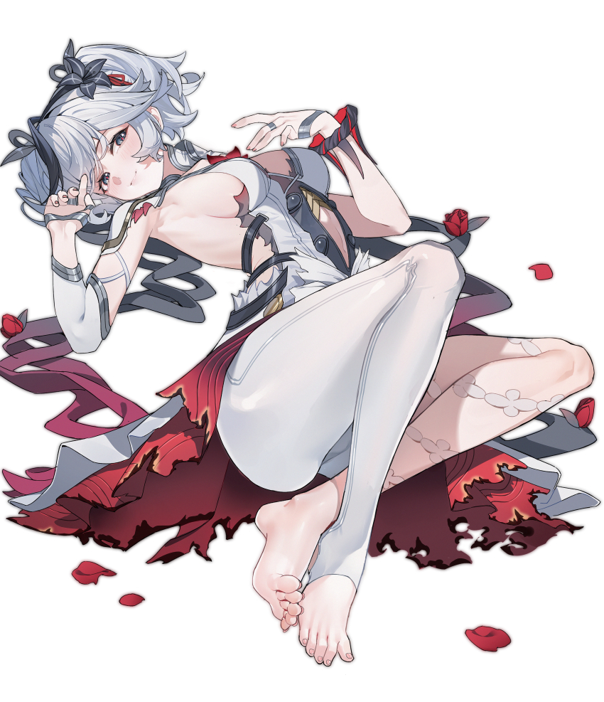1girl absurdres asymmetrical_clothes asymmetrical_legwear black_flower breasts camellya_(wuthering_waves) dress flower hair_ornament highres jewelry lushi_jin_up navel ring rose single_pantsleg twintails white_hair wuthering_waves