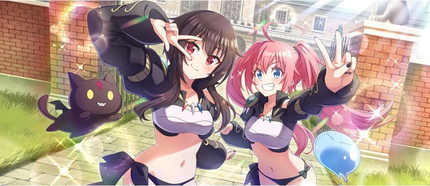 1other 2girls ahoge black_cat black_nails black_panties blue_eyes bow bow_panties breasts brick_wall brown_hair cat chomusuke cosplay cropped_shirt crossover entrance game_cg gate grin groin highres kono_subarashii_sekai_ni_shukufuku_wo! konosuba!_fantastic_days leaning_forward long_hair long_sleeves looking_at_viewer matching_outfits megumin midriff milim_nava milim_nava_(cosplay) multiple_girls navel official_art outdoors outstretched_arm panties pink_hair red_eyes rimuru_tempest_(slime) short_hair short_hair_with_long_locks side-tie_panties sidelocks small_breasts smile stomach string_panties sunlight tensei_shitara_slime_datta_ken twintails two-tone_shirt underwear v w w_over_eye wings