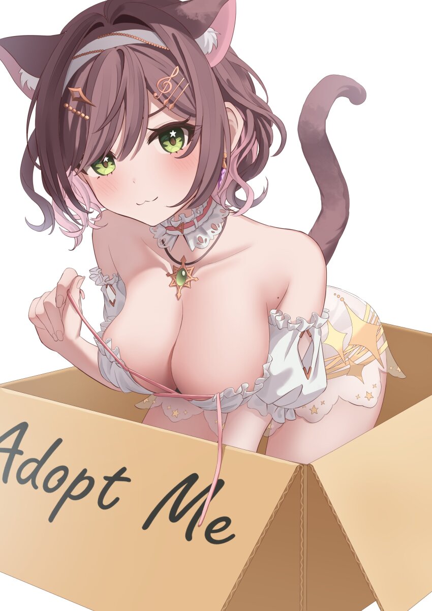 1girl absurdres animal_ears bare_shoulders blush box breasts brown_hair cardboard_box cat_ears cat_tail choker cleavage collarbone commission detached_sleeves earrings english_text fortissimo green_eyes hair_behind_ear hair_intakes hair_ornament hair_ribbon hairclip highres huge_breasts in_box in_container indie_virtual_youtuber jewelry large_breasts looking_at_viewer miori_celesta mole mole_on_armpit multicolored_hair musical_note musical_note_hair_ornament nikahoshikuzu ribbon shirt short_hair skeb_commission skirt solo solo_focus star_(symbol) star_in_eye symbol_in_eye tail treble_clef two-tone_hair virtual_youtuber white_choker white_hair white_ribbon white_shirt white_skirt white_sleeves