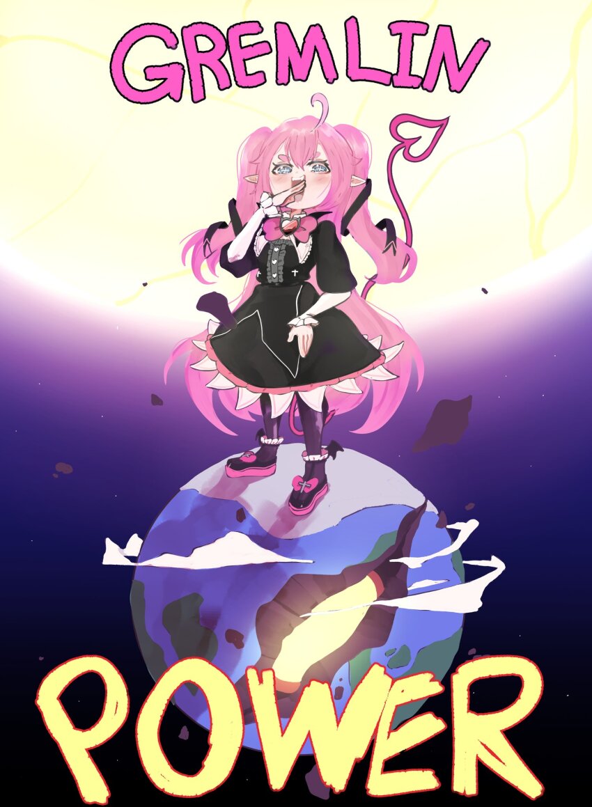 1girl ahoge black_dress black_pantyhose black_ribbon black_shoes blue_eyes bow bowtie brooch chibidoki_(vtuber) commentary cross cross_print demon_tail dress earth_(planet) english_commentary english_text full_body giant giantess hair_ribbon heart heart_brooch highres indie_virtual_youtuber jewelry long_hair looking_at_viewer ojou-sama_pose open_mouth pantyhose pink_bow pink_bowtie pink_hair planet pointy_ears ribbon shoes smile solo standing sun tail two_side_up very_long_hair virtual_youtuber weeze