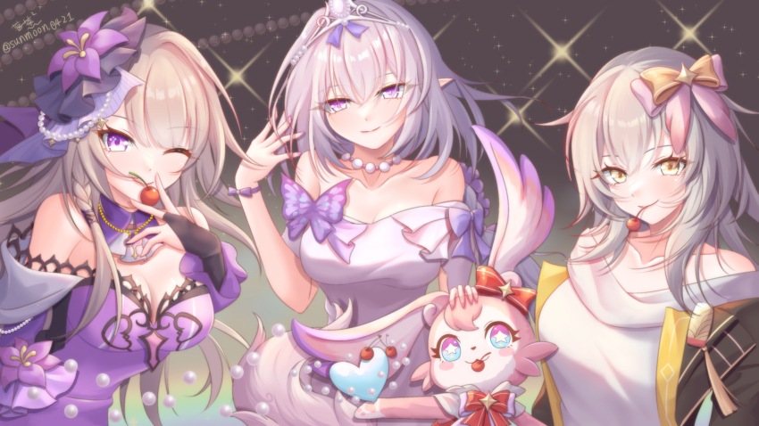 3girls ;) absurdres bare_shoulders bead_necklace beads black_jacket bow breasts brown_bow castorice_(honkai:_star_rail) castorice_(star_rail_live_2025)_(honkai:_star_rail) cherry chinese_commentary cleavage commentary_request dengmingxuan~chacha dress flower food fruit grey_hair hair_bow hair_flower hair_ornament herta_(honkai:_star_rail) highres holding holding_food holding_fruit honkai:_star_rail honkai_(series) jacket jewelry long_hair looking_at_viewer medium_breasts mem_(honkai:_star_rail) mem_(star_rail_live_2025)_(honkai:_star_rail) multiple_girls necklace off-shoulder_dress off-shoulder_shirt off_shoulder one_eye_closed pink_bow purple_dress purple_eyes purple_flower shirt smile stelle_(honkai:_star_rail) the_herta_(honkai:_star_rail) the_herta_(star_rail_live_2025)_(honkai:_star_rail) tiara trailblazer_(honkai:_star_rail) upper_body very_long_hair white_shirt yellow_eyes