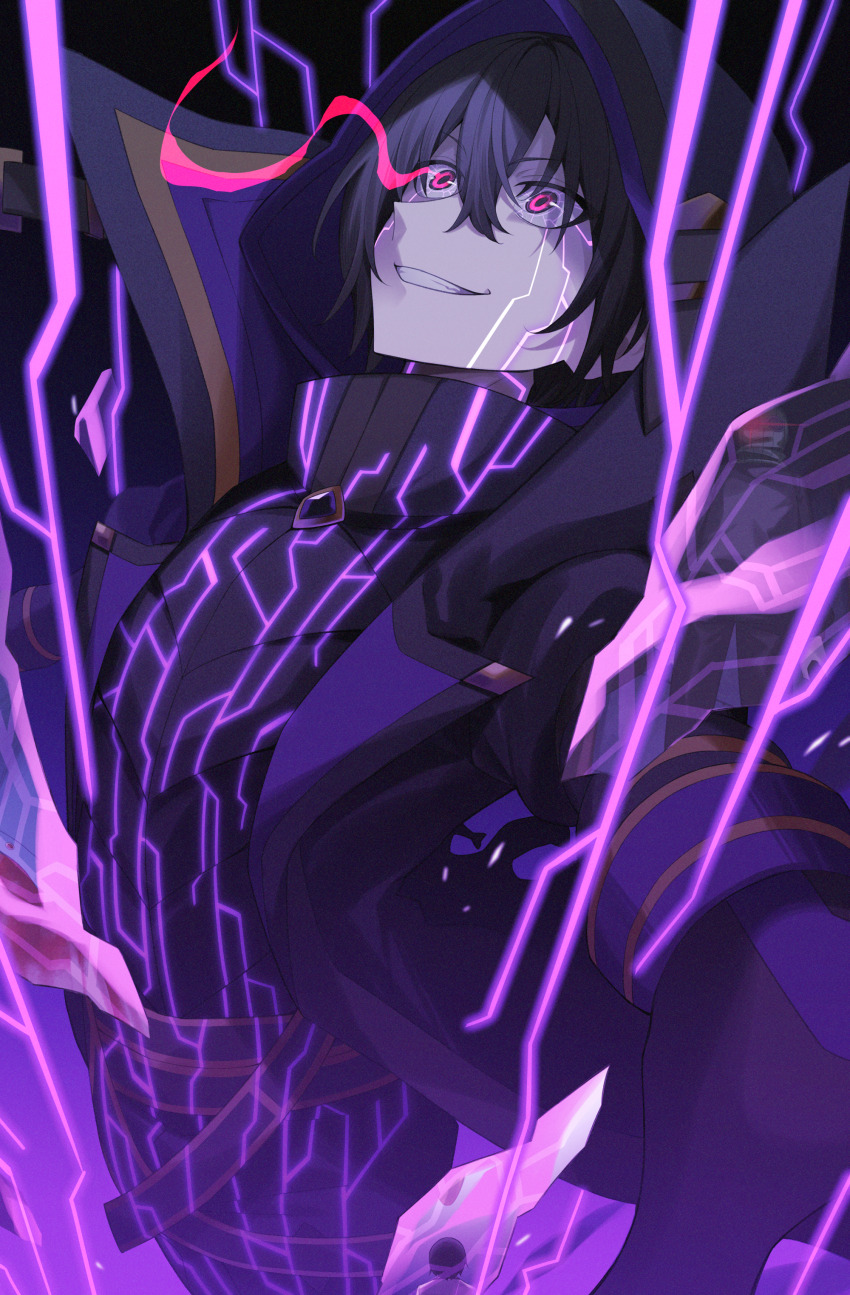 1boy absurdres black_coat black_gloves black_hair black_pants cid_kagenou coat gloves highres hood hood_up itame_moyashi kage_no_jitsuryokusha_ni_naritakute! long_hair pants red_eyes shadow_(cid_kagenou) short_hair smile tagme yellow_trim