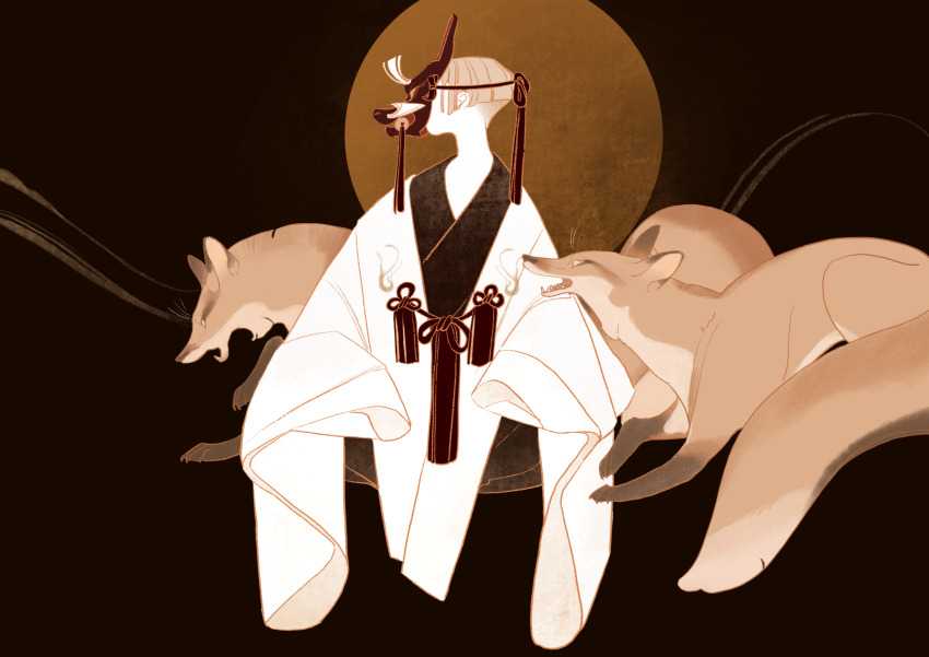 1other absurdres androgynous animal black_background brown_hair commentary_request fox fox_mask highres indian_style japanese_clothes kimono long_sleeves looking_to_the_side mask original short_hair sitting sleeves_past_fingers sleeves_past_wrists solo sun surie white_kimono wide_sleeves