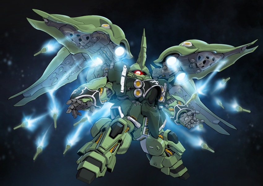 absurdres dated_commentary deformed funnels_(gundam) glowing glowing_eye gundam gundam_unicorn highres horns kshatriya looking_at_viewer mecha mobile_suit no_humans one-eyed open_hands red_eyes robot science_fiction single_horn solo thrusters zakuma
