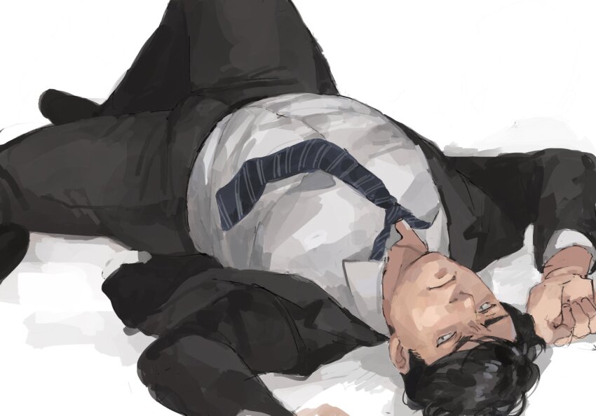 1boy black_footwear black_hair black_pants black_suit formal_clothes highres long_sleeves looking_at_viewer lying male_focus mtmr_0721 necktie on_back pants sangatsu_no_lion sanpaku shigeta_morio shirt short_hair striped_necktie suit white_background white_shirt