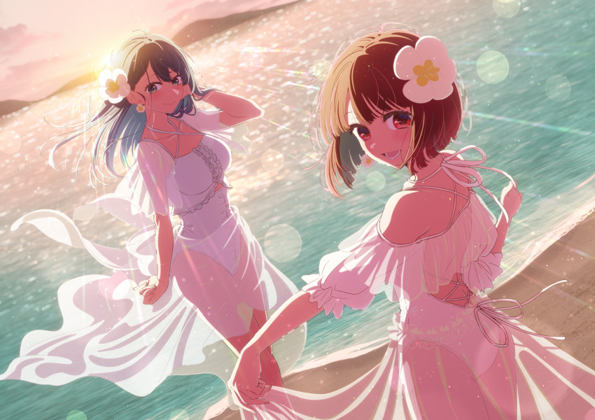 2girls arima_kana artist_request bare_shoulders beach blue_eyes blue_hair blush bob_cut breasts closed_mouth clothes_grab clothes_lift collarbone earrings female_focus floating_hair flower flower_earrings hair_flower hair_ornament highres inverted_bob jewelry kurokawa_akane long_hair looking_at_viewer looking_back marine_day medium_breasts multiple_girls ocean official_art one-piece_swimsuit open_mouth oshi_no_ko red_eyes red_hair sand see-through_clothes short_hair smile sunlight swimsuit swimsuit_lift swimsuit_tug teeth tucking_hair white_flower white_one-piece_swimsuit