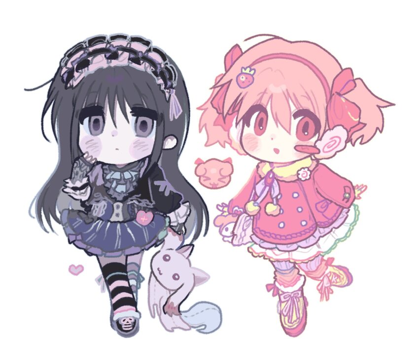 2girls akemi_homura alternate_costume ascot beads black_hair black_hairband black_jacket black_shirt black_shoes black_thighhighs blush_stickers boots bow bowtie buttons center_frills character_charm character_doll charm_(object) chibi closed_mouth coat dot_nose earmuffs expressionless fingerless_gloves food-themed_hair_ornament footwear_ribbon frilled_coat frilled_hairband frilled_skirt frills fur-trimmed_boots fur_scarf fur_trim gloves grey_arm_warmers grey_ascot grey_eyes hair_beads hair_between_eyes hair_bow hair_ornament hair_ribbon hairband hand_on_own_cheek hand_on_own_face heart highres jacket kaname_madoka kerimka31328031 knee_boots kyubey lace lace-trimmed_skirt lace-up lace_trim layered_legwear leg_up light_blush lolita_hairband long_hair long_sleeves mahou_shoujo_madoka_magica mahou_shoujo_madoka_magica_(anime) miniskirt multiple_girls my_melody onegai_my_melody open_mouth over-kneehighs pale_skin pantyhose pink_brooch pink_coat pink_eyes pink_hair pink_hairband pink_ribbon pink_socks pink_thighhighs pleated_skirt pom_pom_(clothes) purple_bow purple_bowtie purple_pantyhose purple_ribbon purple_skirt red_bow red_hairband ribbon sanrio scarf shirt shoes short_hair short_twintails sidelocks simple_background single_blush_sticker skirt smile sneakers socks standing strawberry_hair_ornament striped_clothes striped_thighhighs tareme thighhighs twintails two-tone_hairband two-tone_thighhighs very_long_hair white_background white_skirt yellow_boots yellow_gloves yellow_scarf