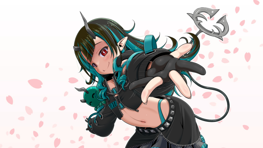 1girl belt belt_bra black_gloves black_hair black_jacket black_skirt blue_belt blue_hair blue_panties blunt_bangs blush chest_belt closed_mouth commentary cowboy_shot cropped_jacket demon_girl demon_horns demon_tail falling_petals fang flat_chest gloves grey_skirt highleg highleg_panties horns jacket layered_skirt long_hair long_sleeves looking_at_viewer midriff miso_panda multicolored_hair nanashi_inc. navel open_clothes open_jacket panties partially_fingerless_gloves petals pointy_ears reaching reaching_towards_viewer red_eyes shishio_chris shishio_chris_(1st_costume) skirt smile solo tail two-tone_hair underwear virtual_youtuber white_background zipper zipper_skirt