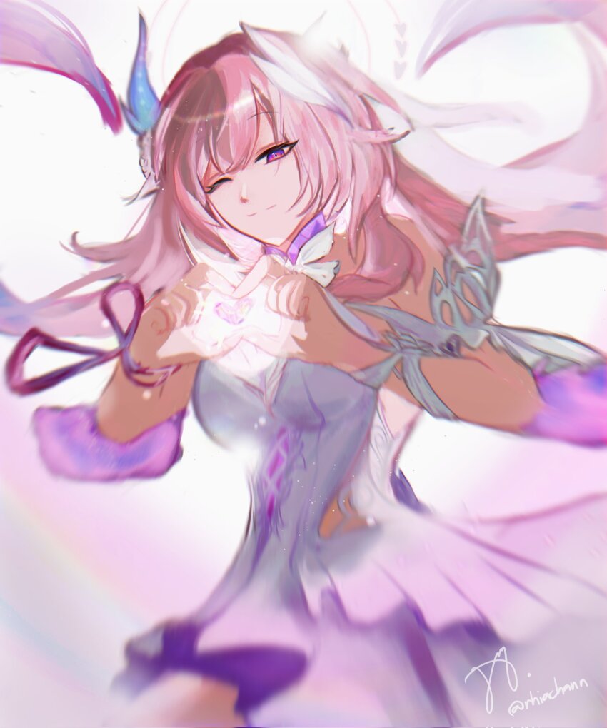 1girl ;o breasts commentary cyrene_(honkai:_star_rail) cyrene_(ripples_of_past_reverie)_(honkai:_star_rail) dress english_commentary four-finger_heart_hands halo heart heart_hands highres honkai:_star_rail honkai_(series) large_breasts long_hair looking_at_viewer one_eye_closed pink_hair purple_eyes rhiachann simple_background smile solo twitter_username very_long_hair white_background white_dress