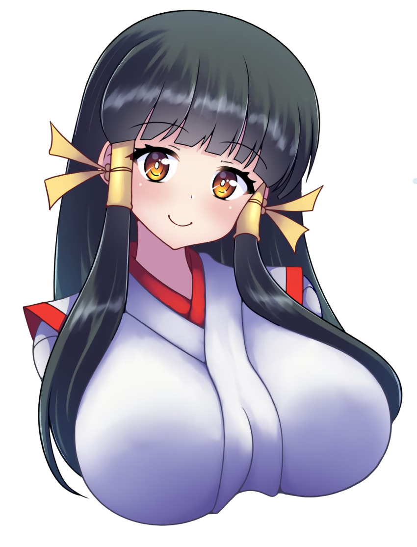 1girl arcana_heart black_hair breast_focus breasts brown_eyes highres japanese_clothes kasabou kasuga_maori large_breasts long_hair looking_at_viewer miko smile solo