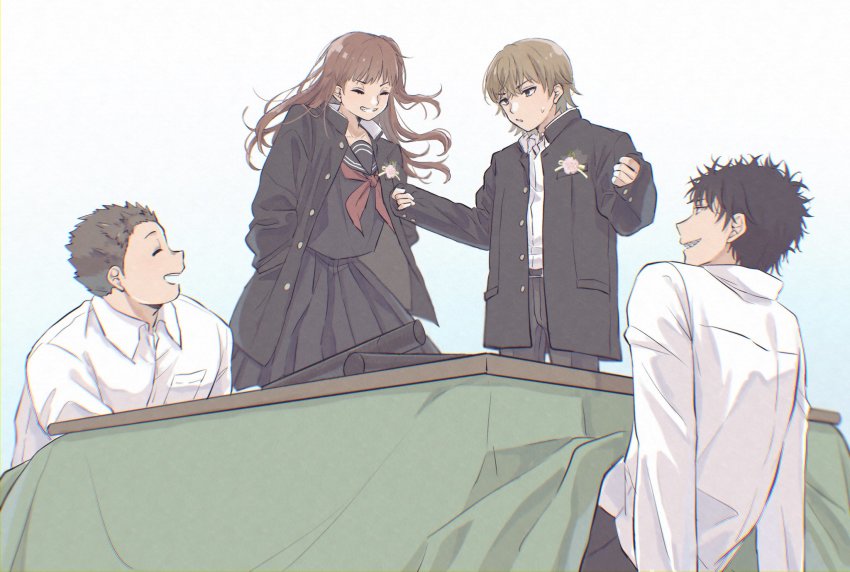 arm_support black_hair black_jacket black_pants black_skirt blouse boutonniere brown_hair collared_shirt corsage diploma ema_yuzuru facing_to_the_side gakuran graduation grey_hair grin hands_in_pockets hands_up highres indoors jacket kageura_masato kitazoe_hiro kotatsu kuro_n314 laughing leaning_back light_brown_hair long_hair long_sleeves neckerchief nire_hikari one_side_up oversized_clothes pants pinching_sleeves pleated_skirt profile red_neckerchief school_uniform sharp_teeth shirt short_hair simple_background sitting skirt smile standing sweatdrop table teeth tube under_kotatsu under_table white_background white_shirt world_trigger