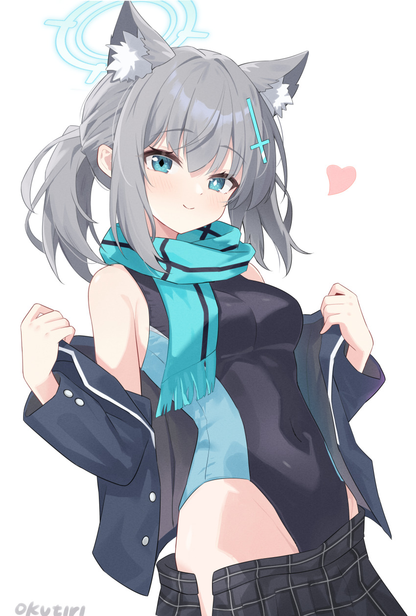 1girl absurdres animal_ear_fluff animal_ears artist_name bare_shoulders black_jacket black_one-piece_swimsuit black_skirt blazer blue_archive blue_eyes blue_halo blue_scarf blush breasts closed_mouth commentary_request competition_swimsuit covered_navel cross cross_hair_ornament extra_ears exusiai_dust grey_hair hair_ornament halo heart highres inverted_cross jacket long_sleeves looking_at_viewer medium_breasts mismatched_pupils one-piece_swimsuit open_clothes open_jacket open_skirt pleated_skirt ponytail scarf shiroko_(blue_archive) shiroko_(swimsuit)_(blue_archive) short_hair simple_background skirt smile solo swimsuit white_background wolf_ears wolf_girl