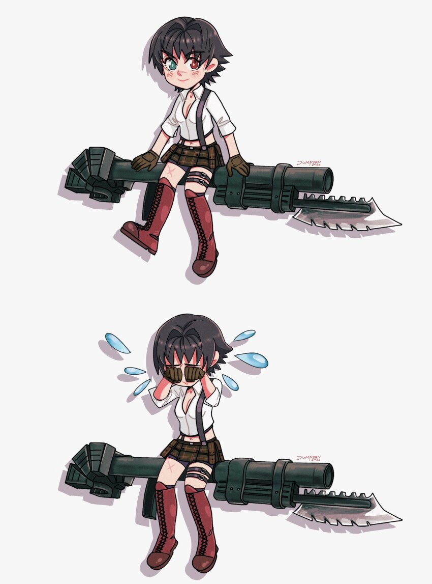 1girl artist_name bike_shorts black_hair boots brown_gloves collared_shirt devil_may_cry devil_may_cry_(series) devil_may_cry_3 gloves green_eyes heterochromia highres jewelry jumpoon kalina_ann_(weapon) lady_(devil_may_cry) midriff multiple_views navel necklace red_boots red_eyes rocket_launcher scar scar_on_face shirt short_hair simple_background smile tears weapon white_shirt