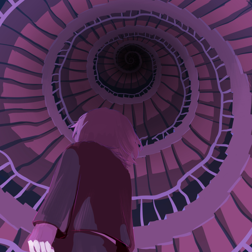 1other absurdres avogado6 from_behind from_below handrail highres long_sleeves medium_hair original purple_hair purple_theme spiral_staircase stairs vanishing_point vest