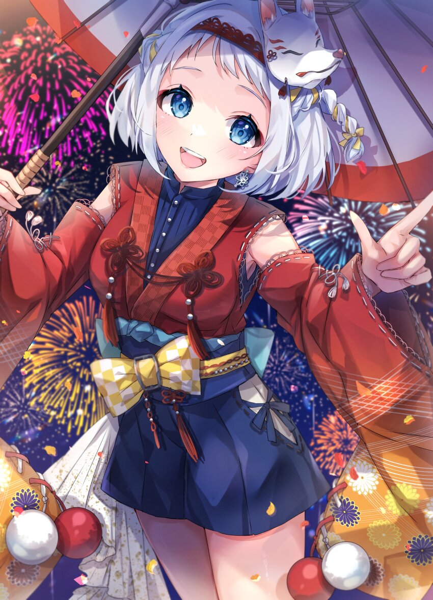 1girl absurdres aerial_fireworks bare_shoulders blue_bow blue_eyes blue_shirt blue_skirt blurry blush bow braid breasts checkered_bow checkered_clothes cowboy_shot depth_of_field detached_sleeves dot_nose earrings falling_petals fireworks floral_print floral_print_sleeves fox_mask furisode gakuen_idolmaster gradient_sleeves grey_hair hairband half_up_braid highres holding holding_umbrella idolmaster index_finger_raised japanese_clothes jewelry kamurogiku_(idolmaster) katsuragi_lilja kimono kimono_skirt long_sleeves looking_at_viewer mask mask_on_head medium_breasts miniskirt multicolored_background obi obiage oil-paper_umbrella open_mouth petals red_hairband red_kimono red_sleeves ribbon ribbon-trimmed_sleeves ribbon_braid ribbon_trim sash shirt short_hair skirt sleeveless sleeveless_kimono sleeveless_shirt smile solo sorashima_(117) standing teeth two-tone_sleeves umbrella upper_teeth_only waist_bow wide_sleeves yellow_bow yellow_ribbon yellow_sleeves